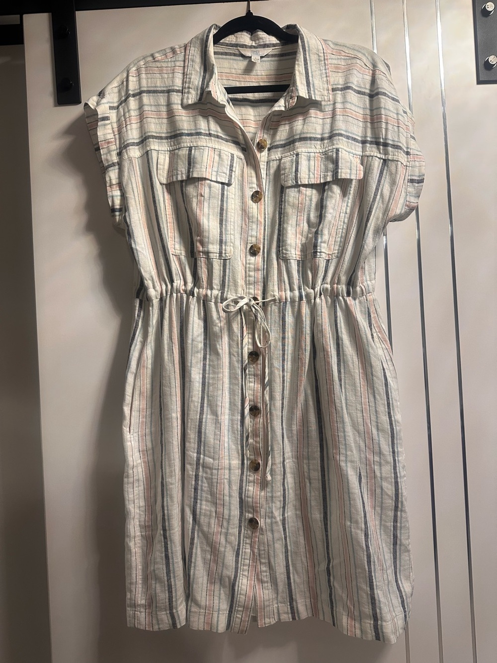Time and Tru Large 12-14 Striped Linen Blend Midi Dress Button Down Drawstring - Picture 2 of 9